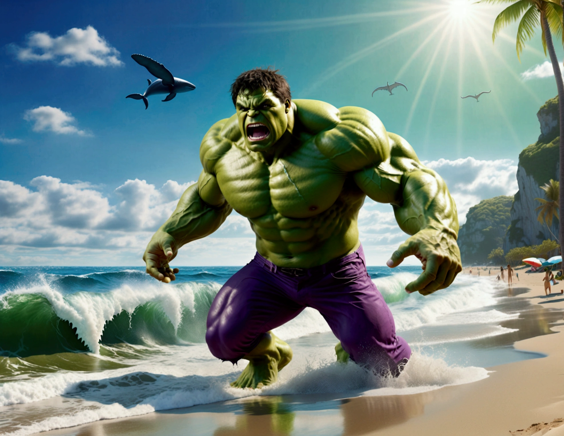 (complex, two subjects)(A muscular green humanoid figure, The Incredible Hulk), standing on a beach, has just thrown a massive whale back towards the ocean, the (subject 2: whale mid-air with huge eyes and an open shocked mouth), comical scene, (best quality,4k,8k,highres,masterpiece:1.2),ultra-detailed,(realistic,photorealistic,photo-realistic:1.37),hyperrealistic,3D render,dramatic lighting,vibrant colors,action pose,ocean background,beach setting
