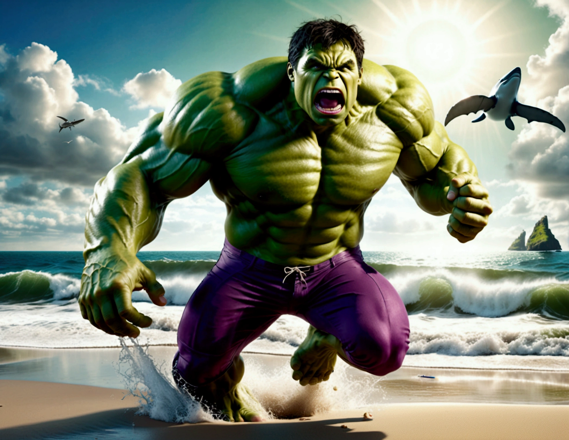 (complex, two subjects)(A muscular green humanoid figure, The Incredible Hulk), standing on a beach, has just thrown a massive whale back towards the ocean, the (subject 2: whale mid-air with huge eyes and an open shocked mouth), comical scene, (best quality,4k,8k,highres,masterpiece:1.2),ultra-detailed,(realistic,photorealistic,photo-realistic:1.37),hyperrealistic,3D render,dramatic lighting,vibrant colors,action pose,ocean background,beach setting