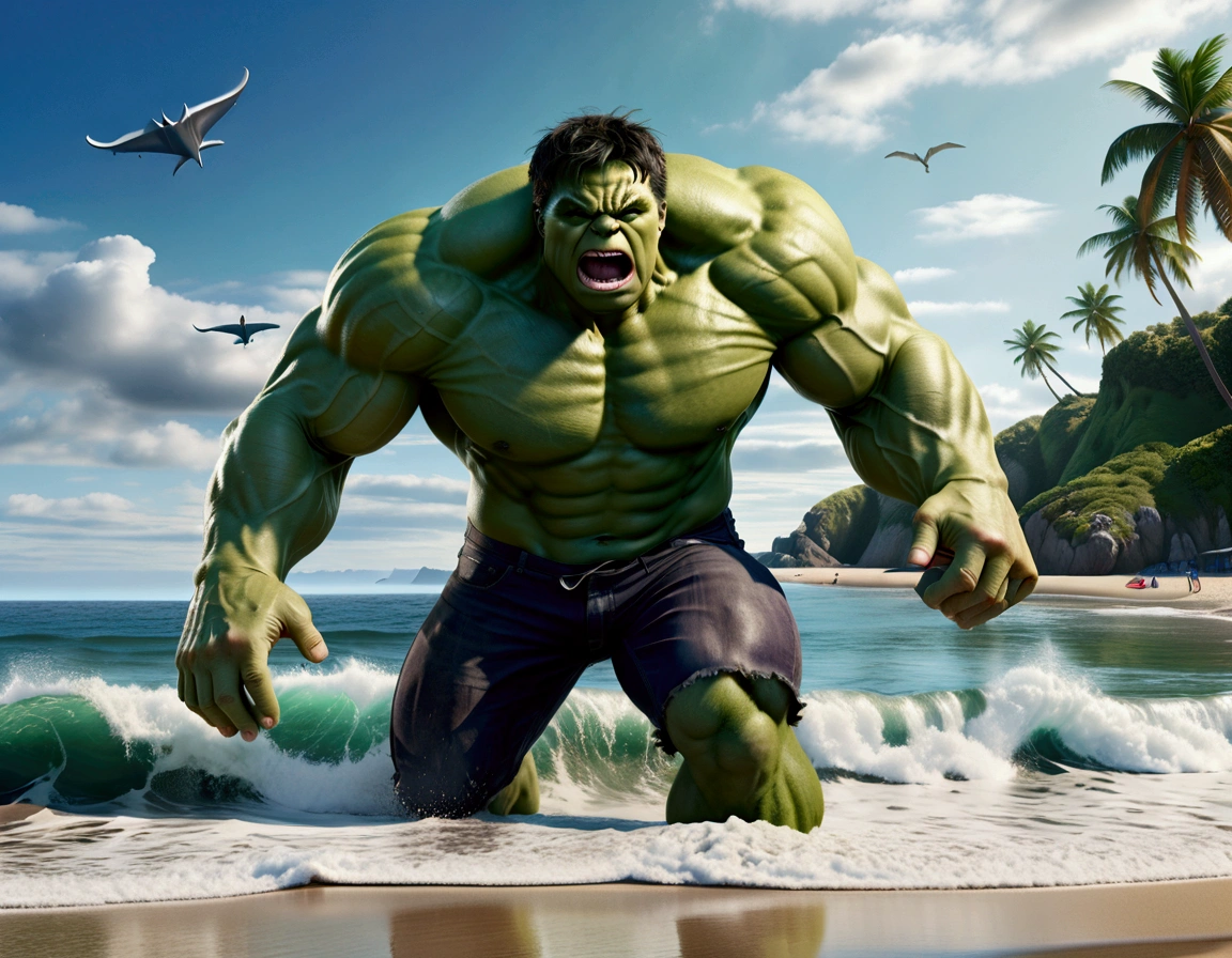 (complex, two subjects)(A muscular green humanoid figure, The Incredible Hulk), standing on a beach, has just thrown a massive whale back towards the ocean, the (subject 2: whale mid-air with huge eyes and an open shocked mouth), comical scene, (best quality,4k,8k,highres,masterpiece:1.2),ultra-detailed,(realistic,photorealistic,photo-realistic:1.37),hyperrealistic,3D render,dramatic lighting,vibrant colors,action pose,ocean background,beach setting
