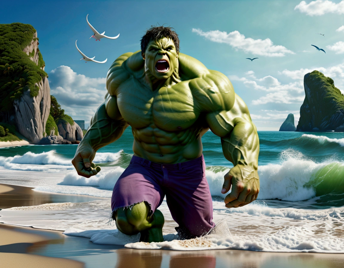 (complex, two subjects)(A muscular green humanoid figure, The Incredible Hulk), standing on a beach, has just thrown a massive whale back towards the ocean, the (subject 2: whale mid-air with huge eyes and an open shocked mouth), comical scene, (best quality,4k,8k,highres,masterpiece:1.2),ultra-detailed,(realistic,photorealistic,photo-realistic:1.37),hyperrealistic,3D render,dramatic lighting,vibrant colors,action pose,ocean background,beach setting
