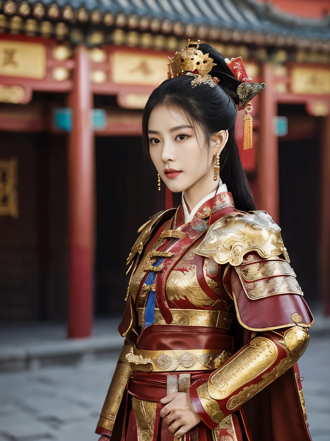 Front view, Full body, ancient Chinese girl, 2 century, looking at viewer, beautiful Chinese Young General, girl is 26 years old, (Highly detailed face, Black hair, middle hair ,Brown eye, Variegated eyes, Ordinary eyes, Tapered eyebrows, Fuller lips, little Lips, Silas), (ears decoration earring), (middle breasts, middle hip), (ancient Chinese costume, Red decoration leather armor emboss armor of dragon , leather inner clothes, put shoulder Red Cloak ), (holding a ancient Chinese Sword:1.3), standing in Chinese Palace, near Garden, sunset ,(masterpiece, Highest quality, masterpiece, God-like quality, Godly art, , Very realistic)