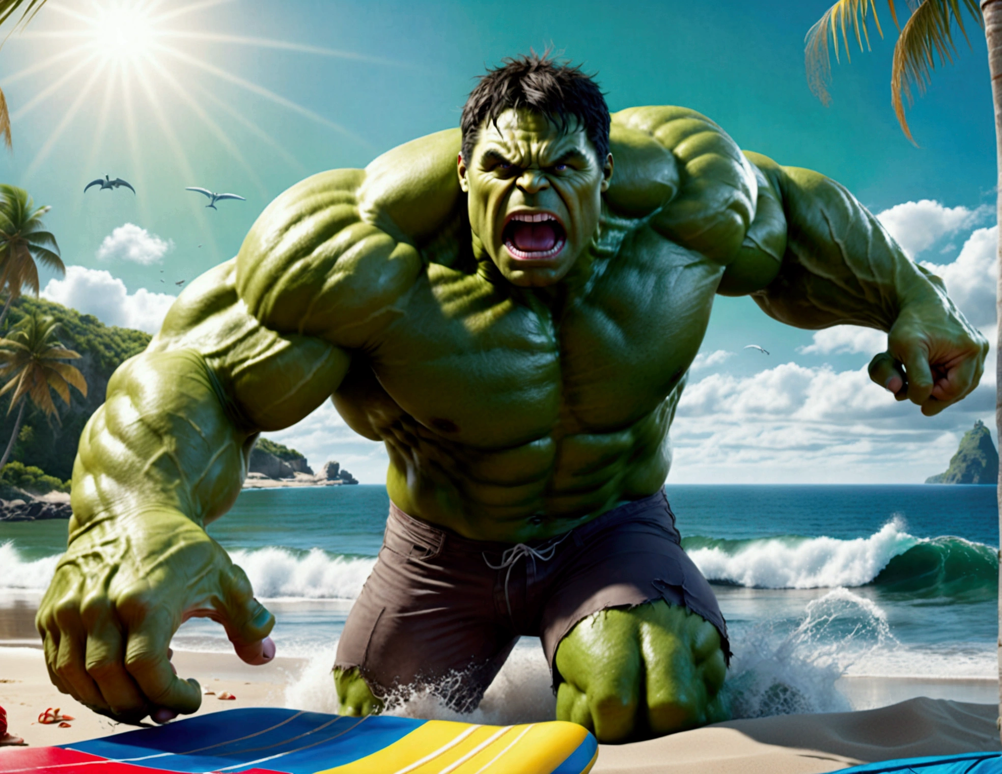 (complex, two subjects)(A muscular green humanoid figure, The Incredible Hulk), standing on a beach, has just thrown a massive whale back towards the ocean, the (subject 2: whale mid-air with huge eyes and an open shocked mouth), comical scene, (best quality,4k,8k,highres,masterpiece:1.2),ultra-detailed,(realistic,photorealistic,photo-realistic:1.37),hyperrealistic,3D render,dramatic lighting,vibrant colors,action pose,ocean background,beach setting