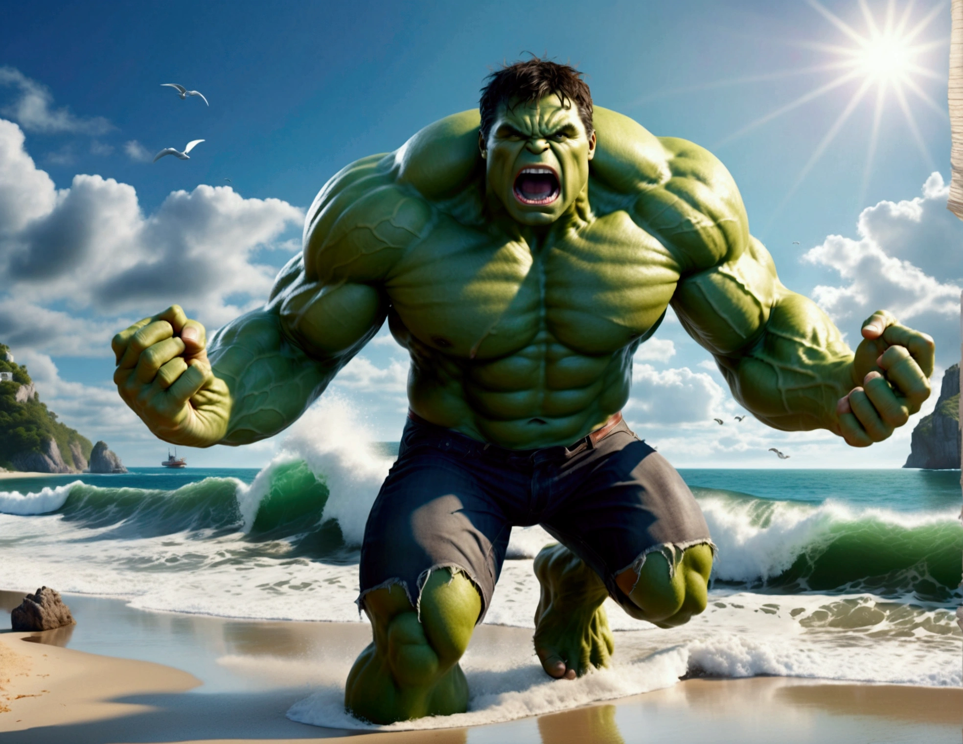 (complex, two subjects)(A muscular green humanoid figure, The Incredible Hulk), standing on a beach, has just thrown a massive whale back towards the ocean, the (subject 2: whale mid-air with huge eyes and an open shocked mouth), comical scene, (best quality,4k,8k,highres,masterpiece:1.2),ultra-detailed,(realistic,photorealistic,photo-realistic:1.37),hyperrealistic,3D render,dramatic lighting,vibrant colors,action pose,ocean background,beach setting
