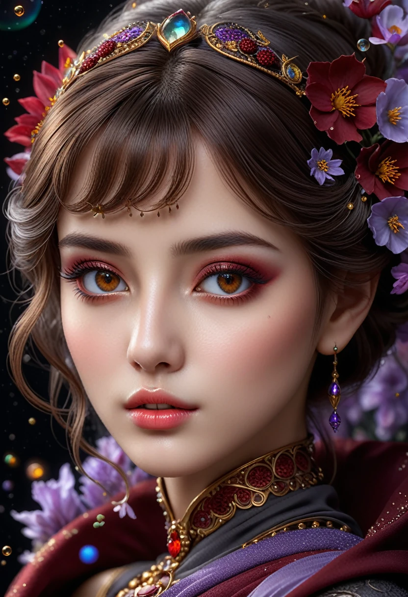 photorealistic in 32K quality, Fantasy, Artistic, A delicate fairy with mature features, puffy lips, and stunning realistic eyes, (ultra absurd quality, extremely detailed detail, ultra resolution, clear sharp focus, not blurry, (Realistic brown_eyes:1.3))), perfect dark_eyeshadows:1.2, super Detailed, beautiful little nose, actively exploring a world filled with dark shades of black, grey, red, maroon, burgundy, and lavender, High-definition close-up portrait centered on her highly detailed and beautiful face, amidst a setting rich in details like stars, galaxies, colorful bubbles, and petals, all enhanced by iridescence and glittering wind carrying pollen, 8K resolution, intricate, elegant, highly detailed, majestic, digital photography, ((wide shot)), ((upper body shot:1.35))