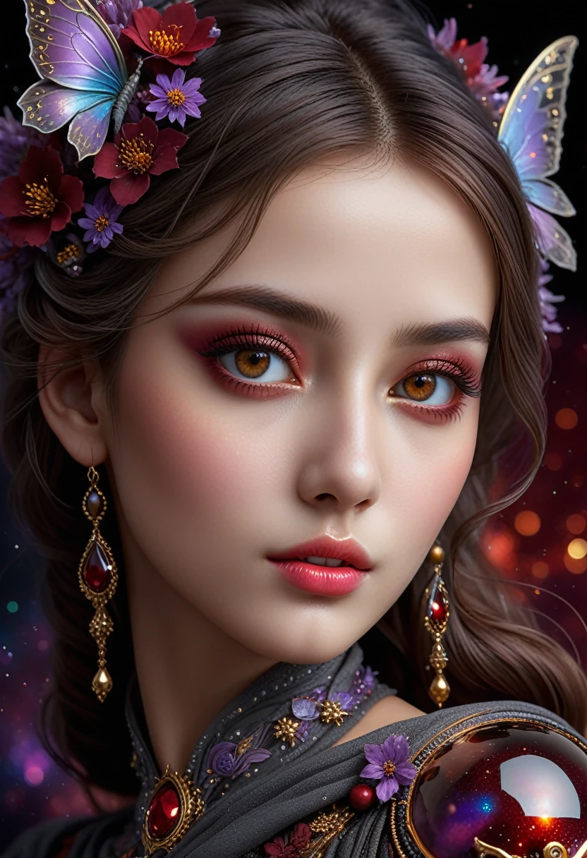 photorealistic in 32K quality, Fantasy, Artistic, A delicate fairy with mature features, puffy lips, and stunning realistic eyes, (ultra absurd quality, extremely detailed detail, ultra resolution, clear sharp focus, not blurry, (Realistic brown_eyes:1.3))), perfect dark_eyeshadows:1.2, super Detailed, beautiful little nose, actively exploring a world filled with dark shades of black, grey, red, maroon, burgundy, and lavender, High-definition close-up portrait centered on her highly detailed and beautiful face, amidst a setting rich in details like stars, galaxies, colorful bubbles, and petals, all enhanced by iridescence and glittering wind carrying pollen, 8K resolution, intricate, elegant, highly detailed, majestic, digital photography, ((wide shot)), ((upper body shot:1.35))