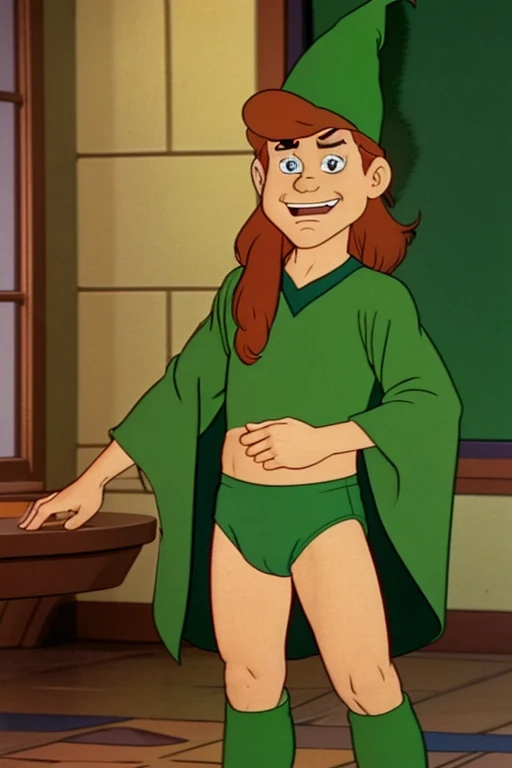 a redhead cartoon character, ((He wears a green underwear and a wizard hat)), a young male wizard, 1980s cartoon, animated episode still, Presto (((mad)))