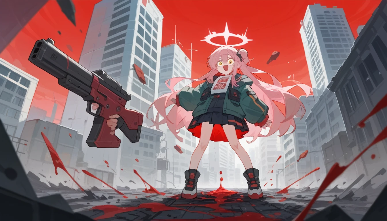 anime girl, pink hair, golden eyes, halo, zoom out, full body, crazy eyes, blood dripping from eyes, holding lanchester mk.1 gun in right hand, scorched earth background, destroyed city, collapse building, massive transparent halo in the sky, red sky