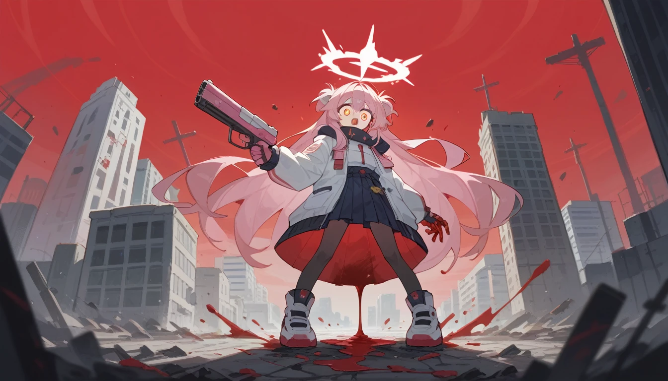 anime girl, pink hair, golden eyes, halo, zoom out, full body, crazy eyes, blood dripping from eyes, holding lanchester mk.1 gun in right hand, scorched earth background, destroyed city, collapse building, massive transparent halo in the sky, red sky