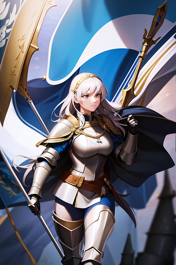 Content: A dynamic illustration of General Joan of Arc, depicted as a commanding and resolute leader in a battlefield scene. She is clad in a stylized medieval armor that reflects her iconic historical image, complete with a silver chestplate, blue and gold accents, and a flowing blue cape. Her long hair flows freely beneath a shining helmet, and she holds a sword aloft with a determined expression on her face. She stands amidst a battleground, rallying her troops, with flags and banners waving behind her, symbolizing her unwavering spirit and leadership.
Medium: Digital art, character illustration.
Style: The art style is inspired by the vibrant, detailed, and slightly stylized approach seen in the popular mobile game European War 7 by EasyTech. This style combines realistic details with colorful, eye-catching elements to create a heroic and dramatic effect.
Lighting: Strong, directional lighting highlighting Joan of Arc’s figure, casting dramatic shadows that emphasize her armor and the dynamic setting.
Colours: A rich and bold color palette featuring blues, golds, and silvers, contrasted by the earthy tones of the battlefield and the bright reds of the flags and banners.
Composition: A three-quarter view with a 50mm lens, focusing on Joan of Arc in the foreground, with the battlefield stretching out behind her. The image captures a moment of action and inspiration, with Joan of Arc at the center of the composition, commanding attention and respect.