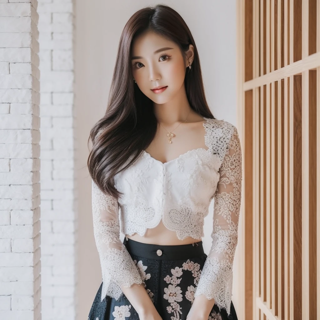 A beautiful Korean woman aged 20 years, wearing a white Balinese kebaya, full body, wearing a black floral patterned skirt, standing gracefully and taking photos, Background, photo studio, very detailed 8k