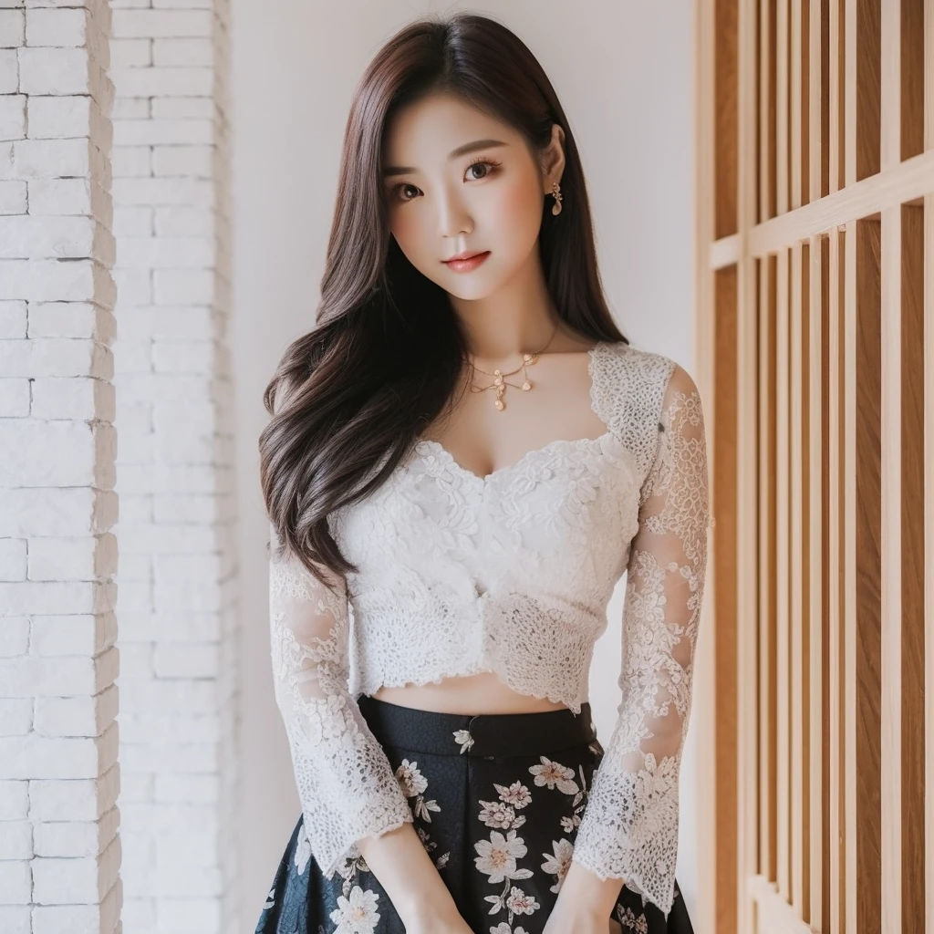 A beautiful Korean woman aged 20 years, wearing a white Balinese kebaya, full body, wearing a black floral patterned skirt, standing gracefully and taking photos, Background, photo studio, very detailed 8k