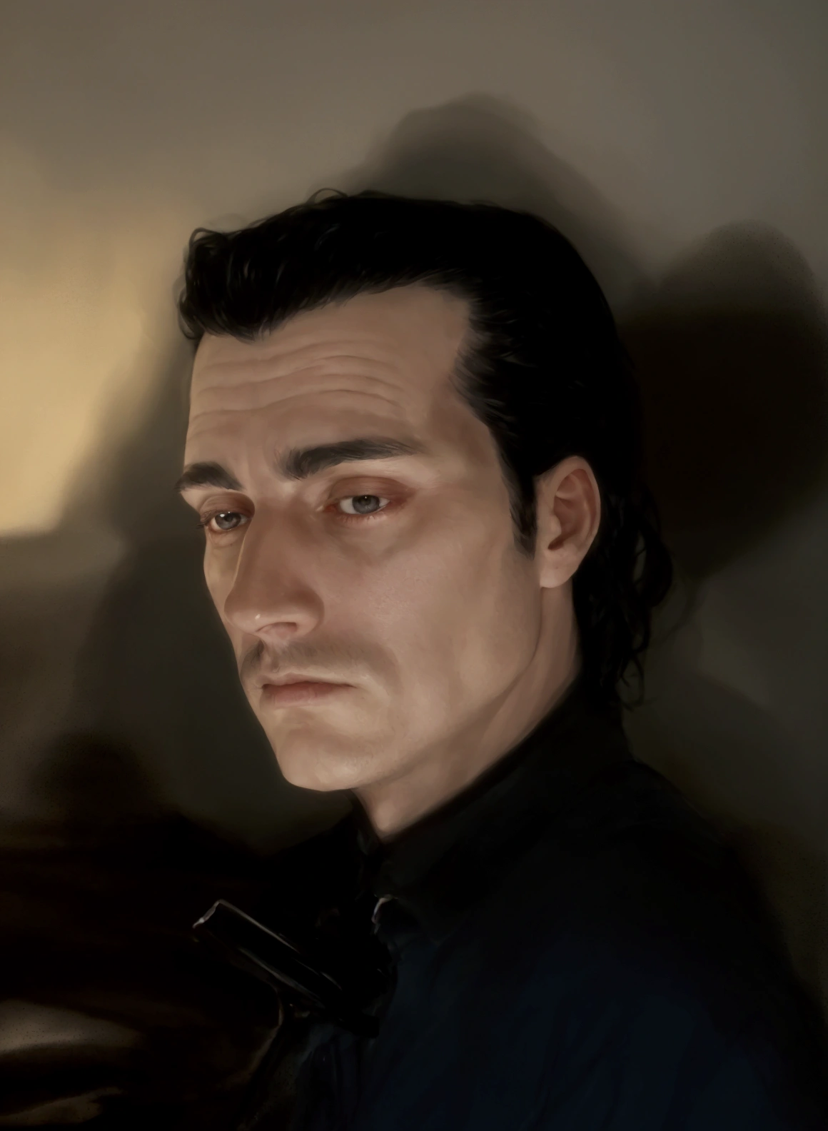 40 year old man with black hair, pale, caucastian, lit from beneath. shadows on face. darkness, high contrast