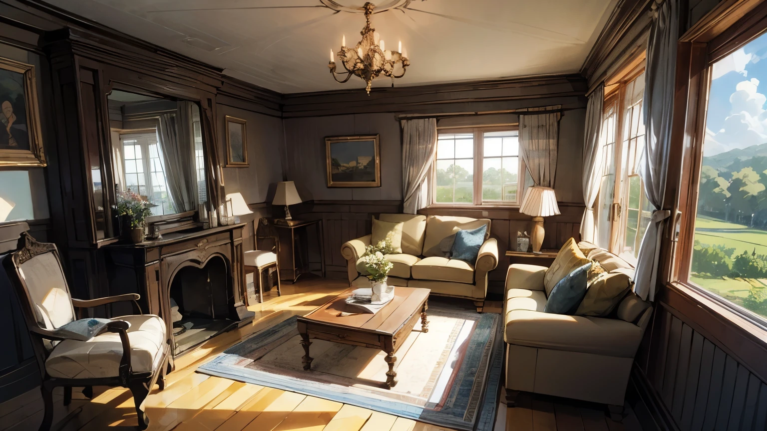 a living room in an old house in the poor countryside with a large antique armchair which is the center of the image in anime style