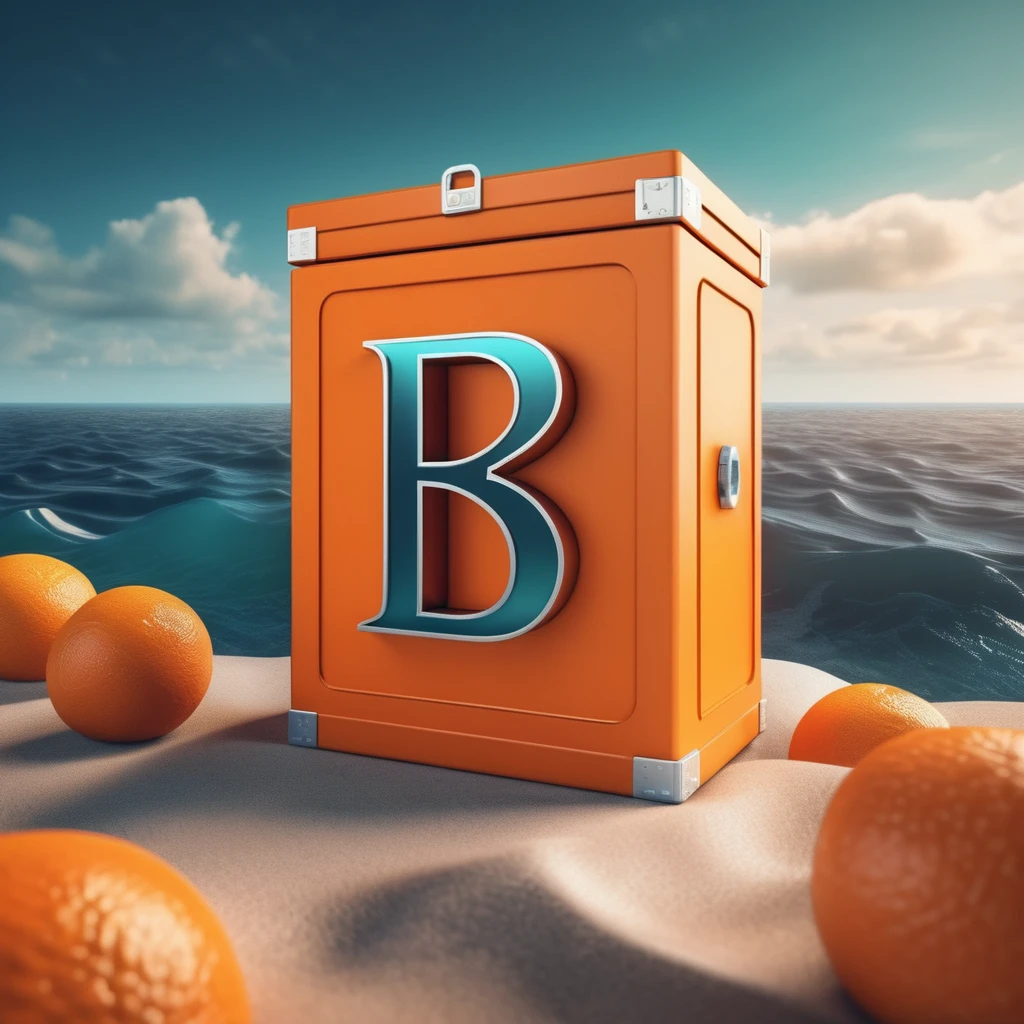 a highly detailed orange box with a large letter R on the side, beautiful ocean scenery in the background, realistic 3D render, photorealistic, high quality, intricate details, vivid colors, dramatic lighting, cinematic composition