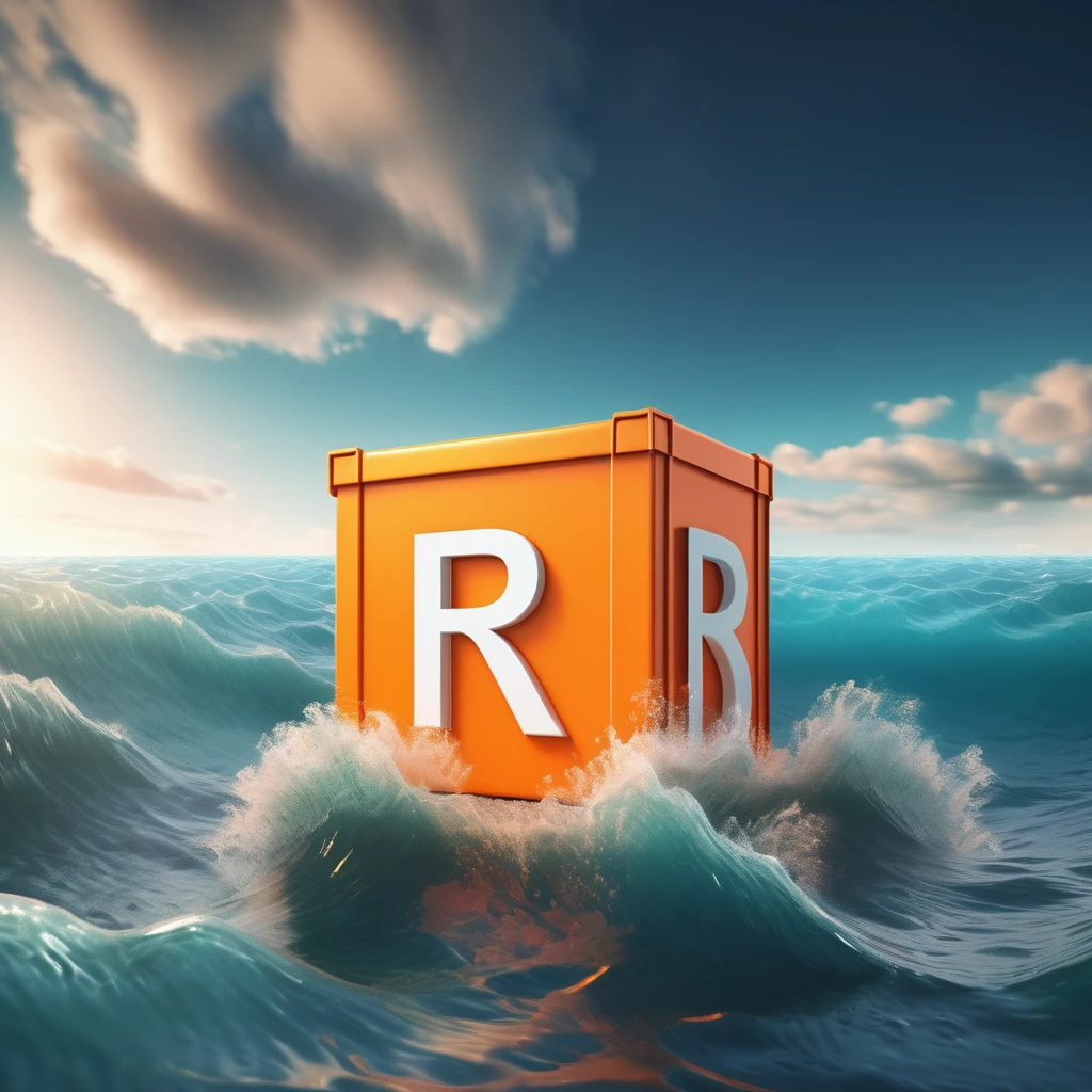 a highly detailed orange box with a large letter R on the side, beautiful ocean scenery in the background, realistic 3D render, photorealistic, high quality, intricate details, vivid colors, dramatic lighting, cinematic composition