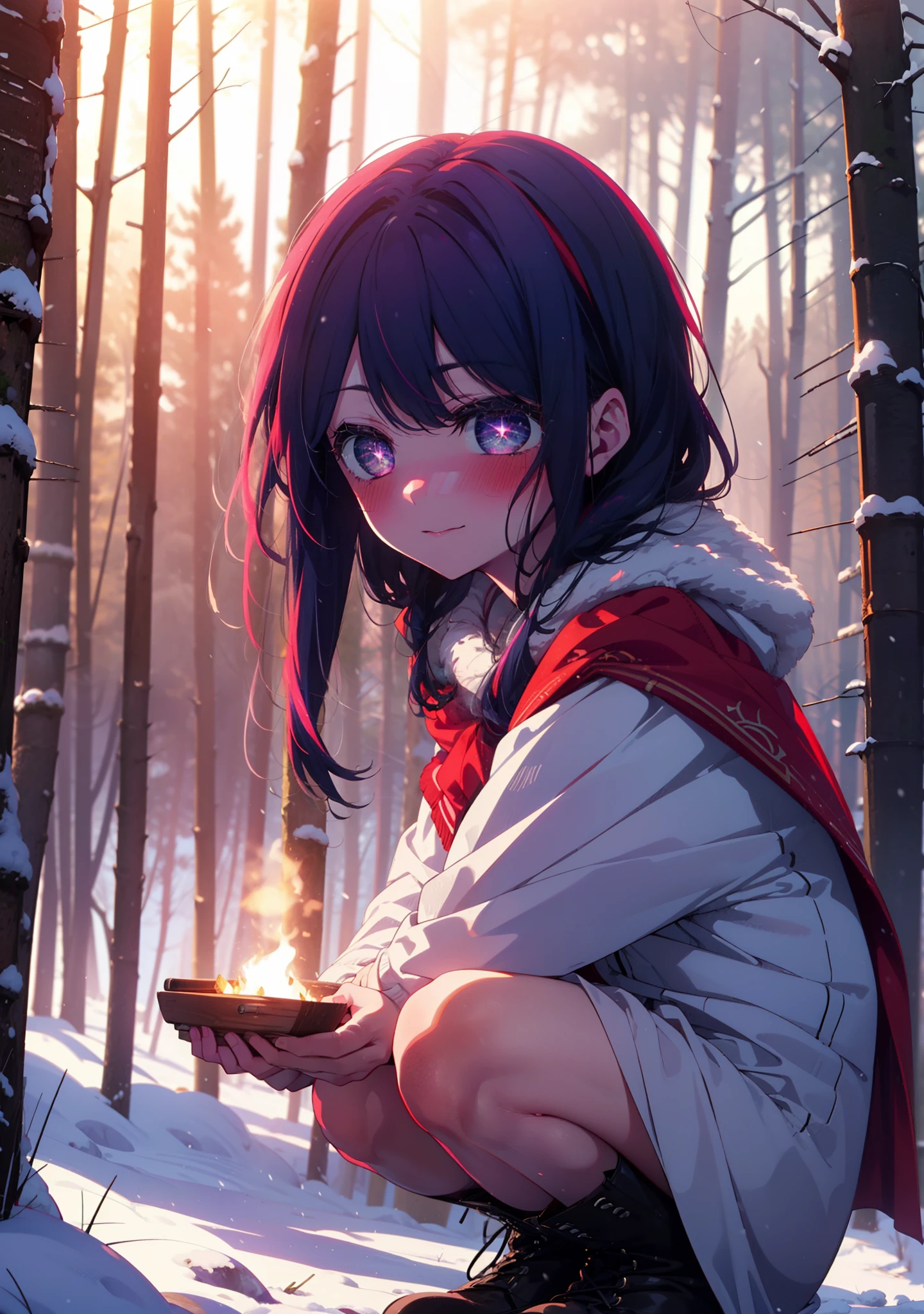 aihoshino, Ai Hoshino, Long Hair, bangs, (Purple eyes:1.1), Purple Hair, (Symbol-shaped pupil:1.5), smile,,smile,blush,white breath,
Open your mouth,snow,Ground bonfire, Outdoor, boots, snowing, From the side, wood, suitcase, Cape, Blurred, , forest, White handbag, nature, Squat, Mouth closed, Cape, winter, Written boundary depth, Black shoes, red Cape break looking at viewer, Upper Body, whole body, break Outdoor, forest, nature, break (masterpiece:1.2), Highest quality, High resolution, unity 8k wallpaper, (shape:0.8), (Beautiful and beautiful eyes:1.6), Highly detailed face, Perfect lighting, Highly detailed CG, (Perfect hands, Perfect Anatomy),