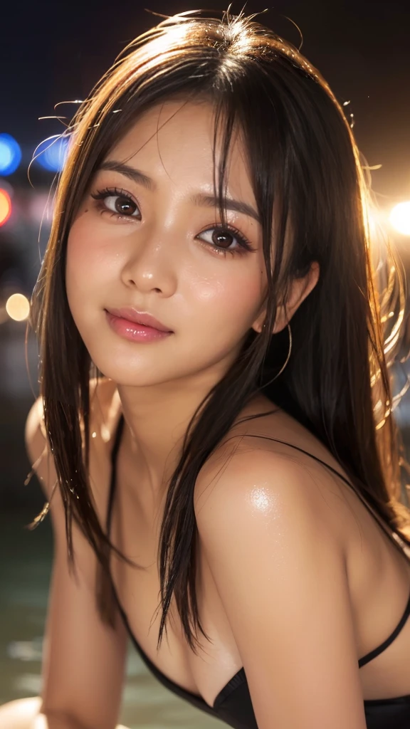 Thai Idol　Mature Woman　Age 35　plump and glamorous figure,　Blonde with bangs　スーパーシャイニーbright red lips　Duck mouth　Ultra-shiny enamel metallic bikini　Blushing　((Cyberpunk night city with shining laser beams))　Portraiture　Looking into the camera　((dressing))　蒸し暑くてSweaty光沢のある顔　Sweaty　Sweaty, Blushed　Frontal eye contact　Kissing Face　Sitting with legs apart　Cute Smile　Portraiture　masterpiece　Big brown eyes　Drawn from below　(Soaking wet woman)　(sunset)　Ecstasy Facial Expressions　((Sunburned, Tan Skin))　((Mature Woman))　Smoky makeup with black mascara　Swimwear　A shining face with heavy makeup　Smoky makeup with black mascara