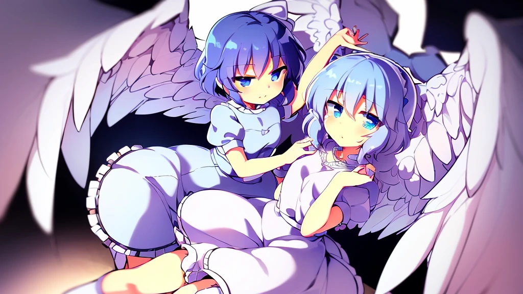 (best quality,4k,8k,highres,masterpiece:1.2), top-quality(​masterpiece), top-quality, ultra-detailed, highly detailed texture, intricate details, high quality textures, A cute teenage angel with blue eyes, big pink ribbon in her hair, drawn in anime style, 1girl, (((1girl in))), , 10 years old, (((loli))), ((childish)), medium blue hair, hair flaps, pink ribbon on head, well-formed face, Beautiful face, blue eyes, pretty eyes, angel girl, white blouse, puffy short sleeves, red ribbon, angel wings, long white skirt, red shoes, frills, ribbon head, A pair of angel wings on the back, clean line drawings, cute