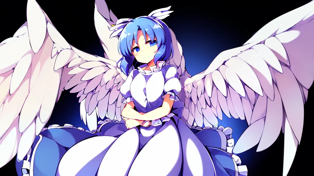 (best quality,4k,8k,highres,masterpiece:1.2), top-quality(masterpiece), top-quality, ultra-detailed, highly detailed texture, intricate details, high quality textures, A cute teenage angel with blue eyes, big pink ribbon in her hair, drawn in anime style, 1girl, (((1girl in))), , 10 years old, (((loli))), ((childish)), medium blue hair, hair flaps, pink ribbon on head, well-formed face, Beautiful face, blue eyes, pretty eyes, angel girl, white blouse, puffy short sleeves, red ribbon, angel wings, long white skirt, red shoes, frills, ribbon head, A pair of angel wings on the back, clean line drawings, cute
