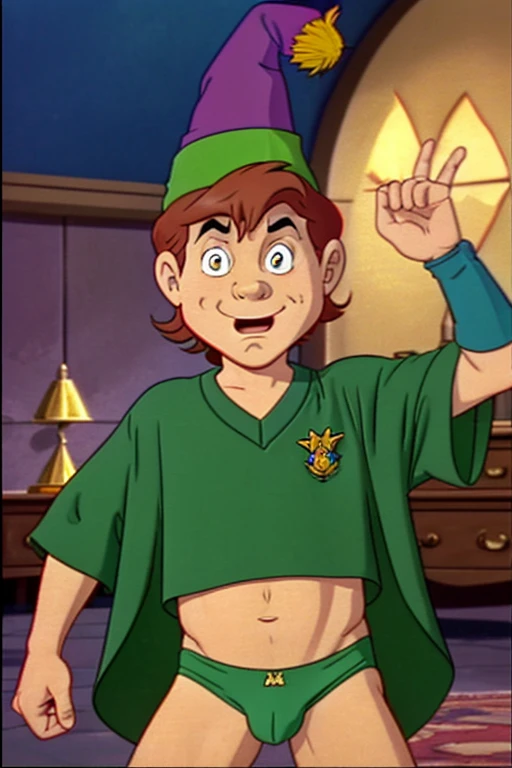 a redhead cartoon character, ((He wears a green underwear and a wizard hat)), a young male wizard, 1980s cartoon, animated episode still, Presto (((mad)))