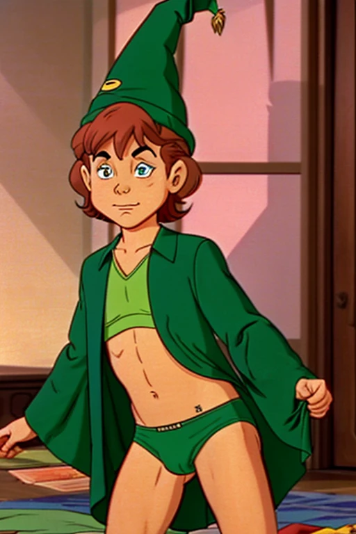 a redhead cartoon character, ((He wears a green underwear and a wizard hat)), a young male wizard, 1980s cartoon, animated episode still, Presto (((mad)))