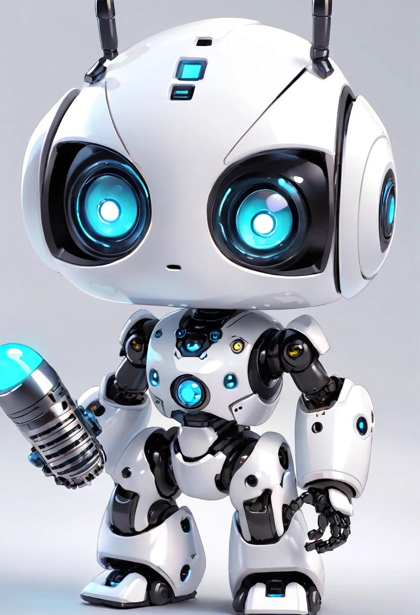 Dice-themed robot, 3D Rendering, Jongsuk Lee, Digital Art, Adorable glowing creatures, Nendoroid-like style, Futuristic Gear Shiny White Armor、A cute robot、Big eyes、antenna、Electronic display panel on chest、Holding the microphone close to your mouth、whole body、Background is white、