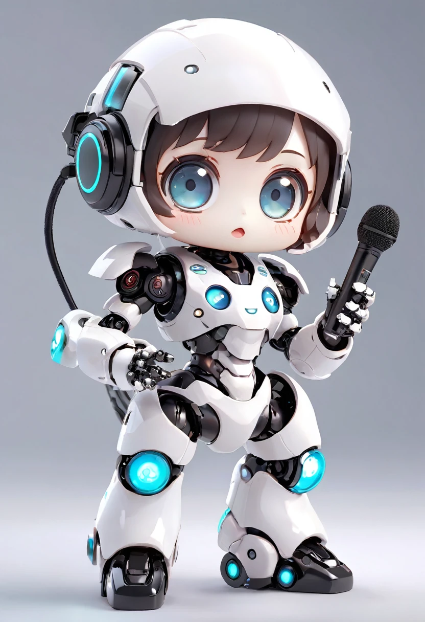 Dice-themed robot, 3D Rendering, Jongsuk Lee, Digital Art, Adorable glowing creatures, Nendoroid-like style, Futuristic Gear Shiny White Armor、A cute robot、Big eyes、antenna、Electronic display panel on chest、Holding the microphone close to your mouth、whole body、Background is white、