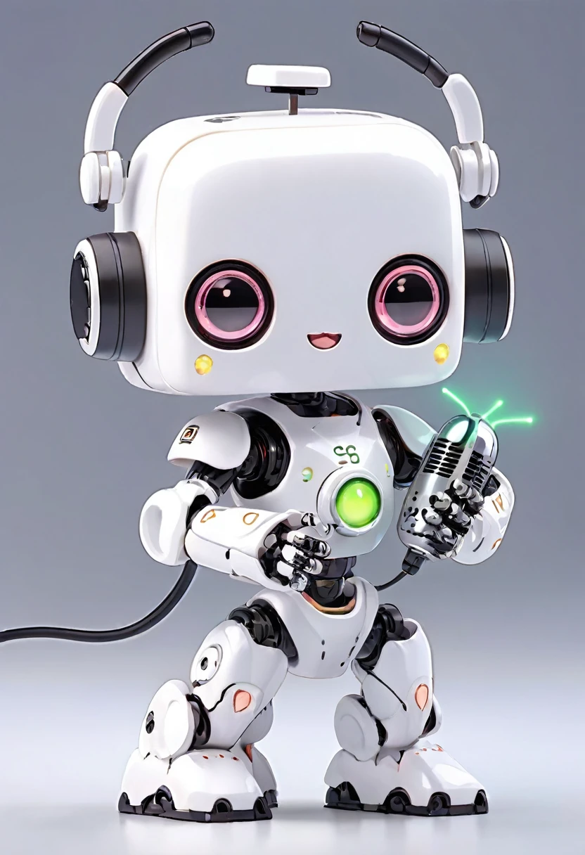 Dice-themed robot, 3D Rendering, Jongsuk Lee, Digital Art, Adorable glowing creatures, Nendoroid-like style, Futuristic Gear Shiny White Armor、A cute robot、Big eyes、antenna、Electronic display panel on chest、Holding the microphone close to your mouth、whole body、Background is white、