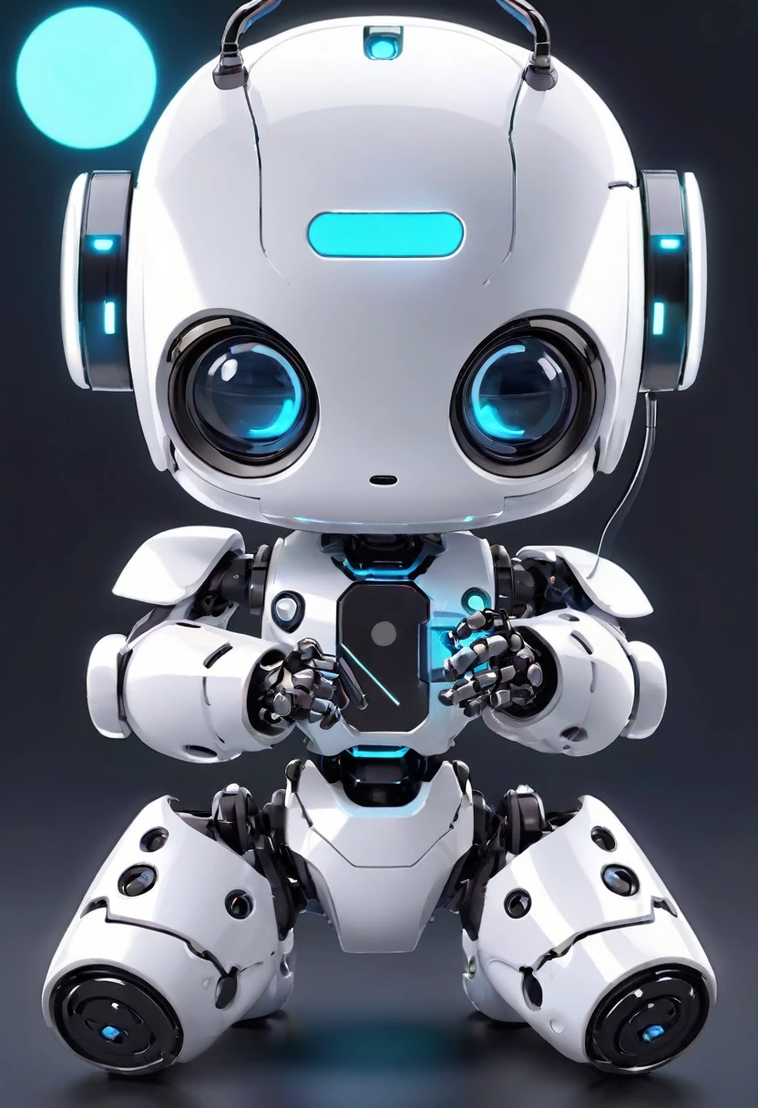 Dice-themed robot, 3D Rendering, Jongsuk Lee, Digital Art, Adorable glowing creatures, Nendoroid-like style, Futuristic Gear Shiny White Armor、A cute robot、Big eyes、antenna、Electronic display panel on chest、Holding the microphone close to your mouth、whole body、Background is white、
