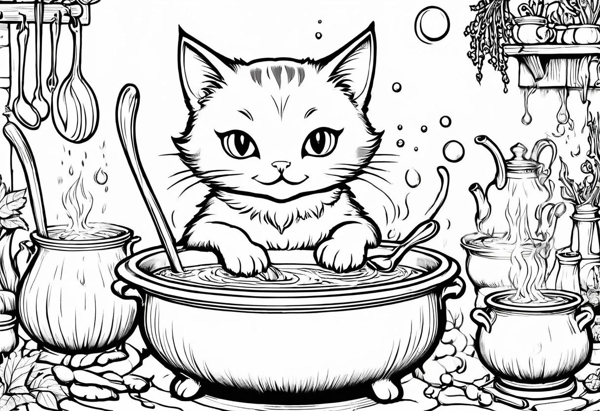 a black and white drawing of a cat in a pot with a spoon, cat witch, casting a spell on a potion, witchy, magical cauldron, extremely fine ink lineart, the cat cooks soup, line art colouring page, casting a spell, magical potions, clean coloring book page, making a potion, scarry but bewitching