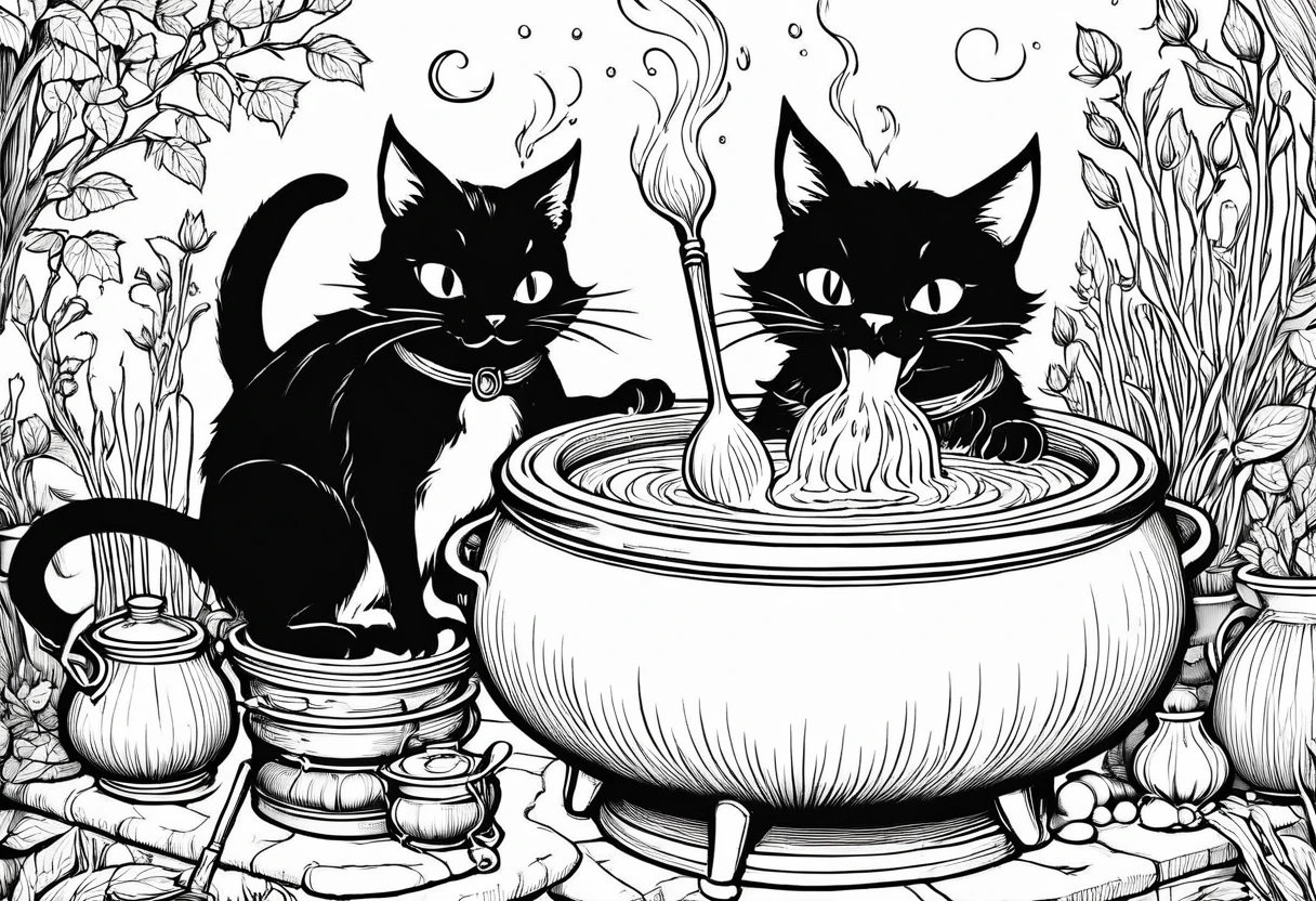 a black and white drawing of a cat in a pot with a spoon, cat witch, casting a spell on a potion, witchy, magical cauldron, extremely fine ink lineart, the cat cooks soup, line art colouring page, casting a spell, magical potions, clean coloring book page, making a potion, scarry but bewitching