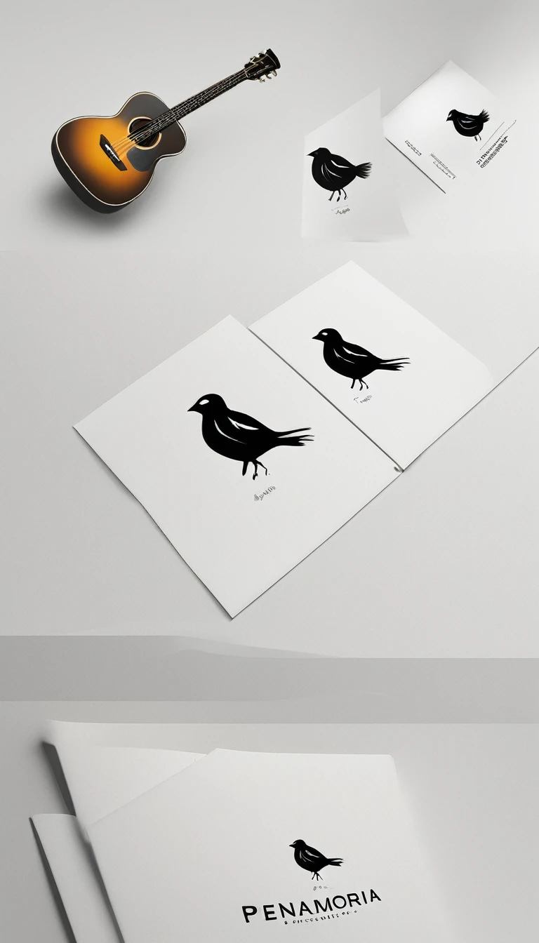 A minimal, modern, simple, cinematic logo design for the brand “Penamemoria". Create a modern, minimalistic, high-quality, logo of a boy-feather playing acoustic guitar and telling stories