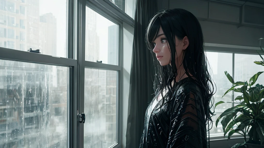 {best quality}, {very aesthetic}, {ultra-detailed}, {8k}, {Super elaborate face}, {Super-smart body}, Wet day, A woman looking out the window indoors, An ennui atmosphere, Super fine hair, flat chest,