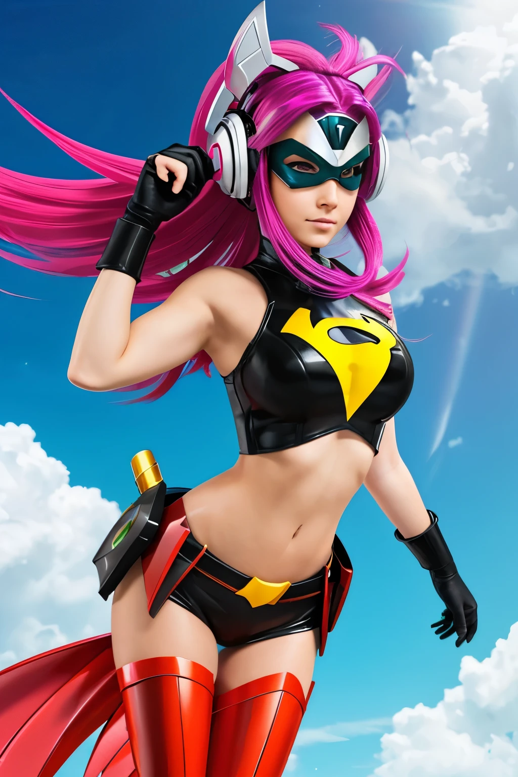 create a cartoon girl in a superhero costume, and a helmet on the theme of a hurricane, she should have two tails resembling hurricanes and a device with which she can fly in the air, she should have a very unusual appearance a multi-colored palette, multi-colored hair and a lot of unusual details like in jojo