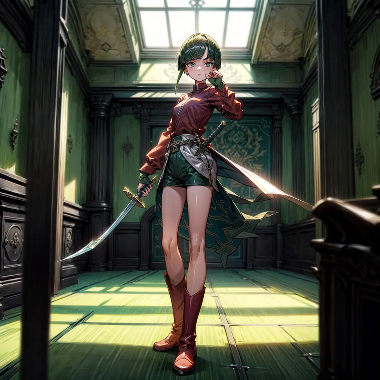 1girl, Full body version, 1character, green eyes, short haircut, green color hair, soldier style clothing, red colour clothing, boots, Grassroots, background indoor building city, motion blur, (detective conan style art), standing gesture, sword in hand