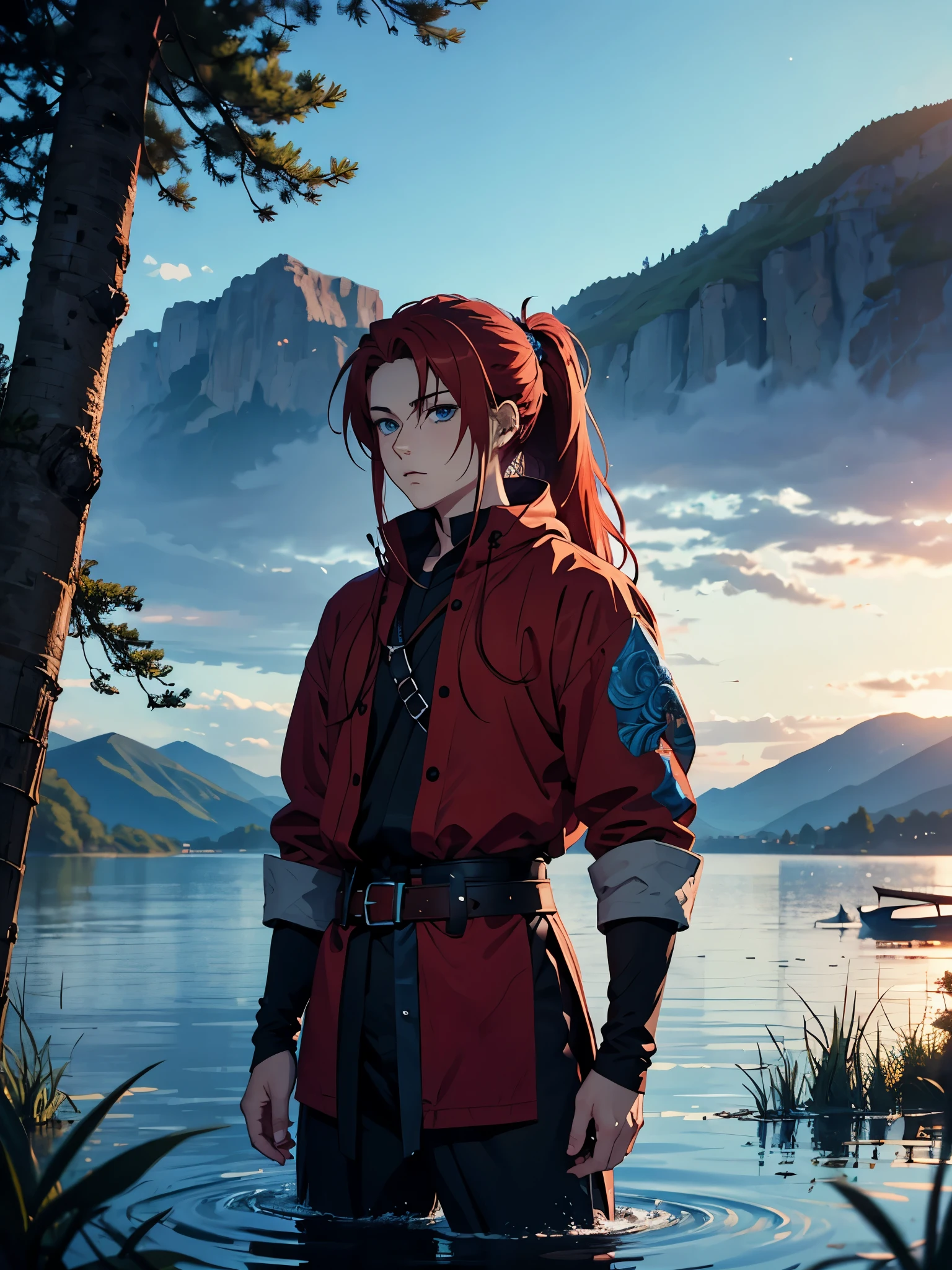 Zopf. Ponytail. More anime style. blue flames. 2d. flatter. anime style. Viking clothing. soft. More anime. Standing in a lake. More anime. More 2d. Clean. More anime. 2d. Glow. Red hair. More anime. male. Long hair. long red hair. boy, vikings. red hair. Blue eyes. fire.
