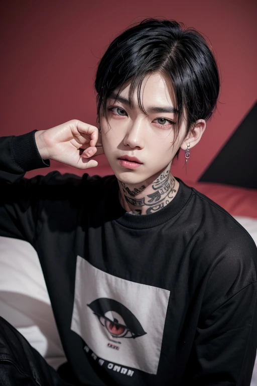 Asian boy with slanted eyes thin face big pink lips, cat-like and black eyes, dressed in a long-sleeved black shirt and with black hair, also with piercings and a tattoo on his neck that says rolemodel, thin nose, positive canthal position in the eyes, big eyes but not too big and black