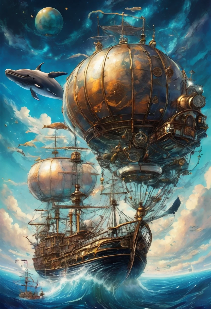 (remote々and a realistic whale flying in the sky、Equipped with anti-gravity device:1.4)、(Steampunk steam ship flying in the sky:1.2)、(A whale and a sailing ship fly side by side in the sky:1.2)、Fantastic World、(Steampunk World)、Steampunk design、Detailed steampunk illustration、delicate and dynamic、(Super detailed alcohol ink paintings:1.2)、vintage、Cinematic、