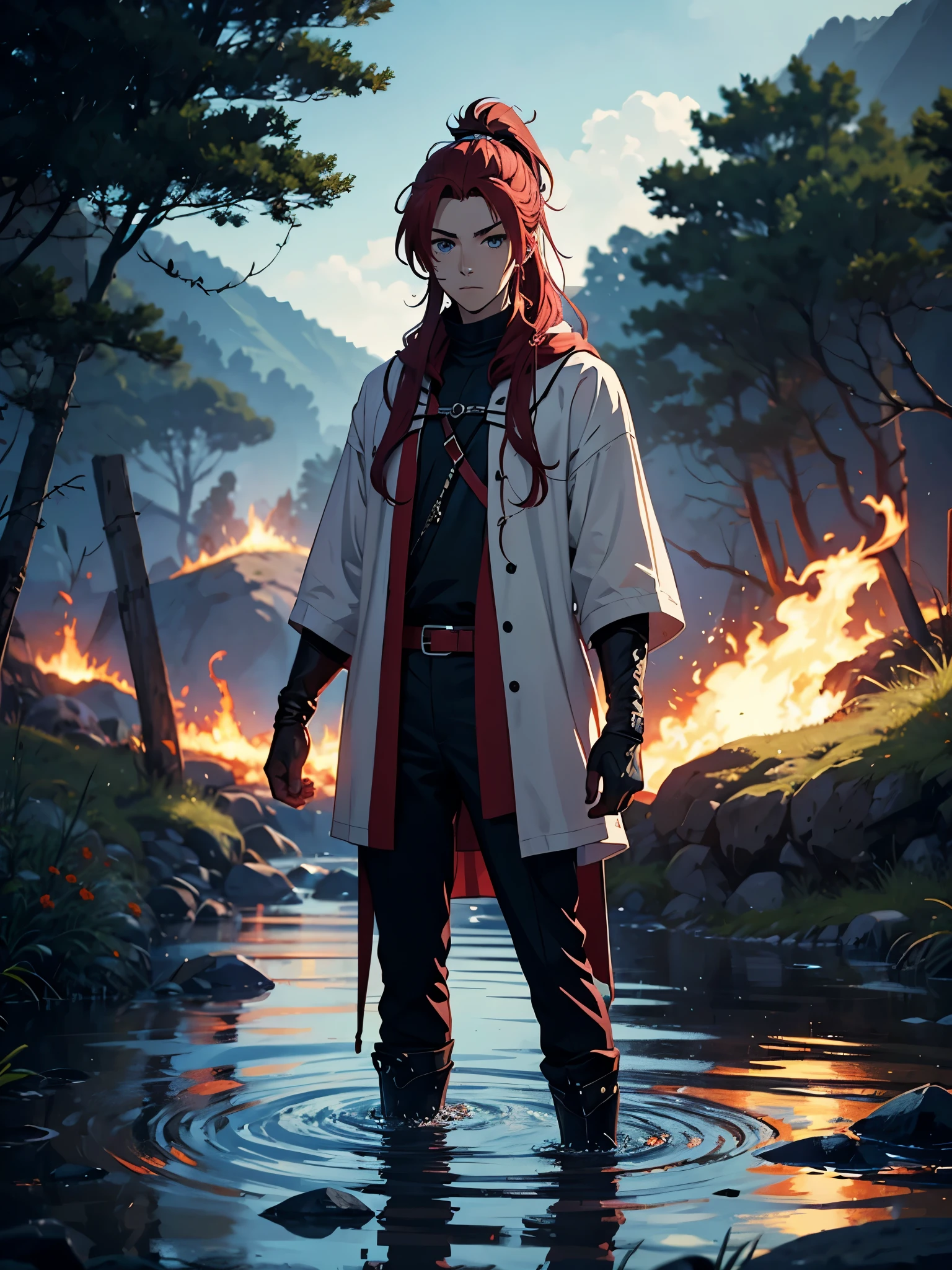 Zopf. Ponytail. More anime style. blue flames. 2d. flatter. anime style. Viking clothing. soft. More anime. Standing in a lake. More anime. More 2d. Clean. More anime. 2d. Glow. Red hair. More anime. male. Long hair. long red hair. boy, vikings. red hair. Blue eyes. fire.