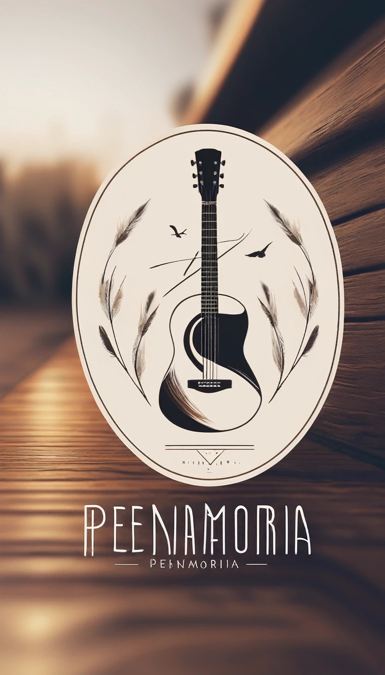 A minimal, modern, simple, cinematic logo design for the brand “Penamemoria". Create a modern, minimalistic, high-quality, logo of a boy-feather playing acoustic guitar