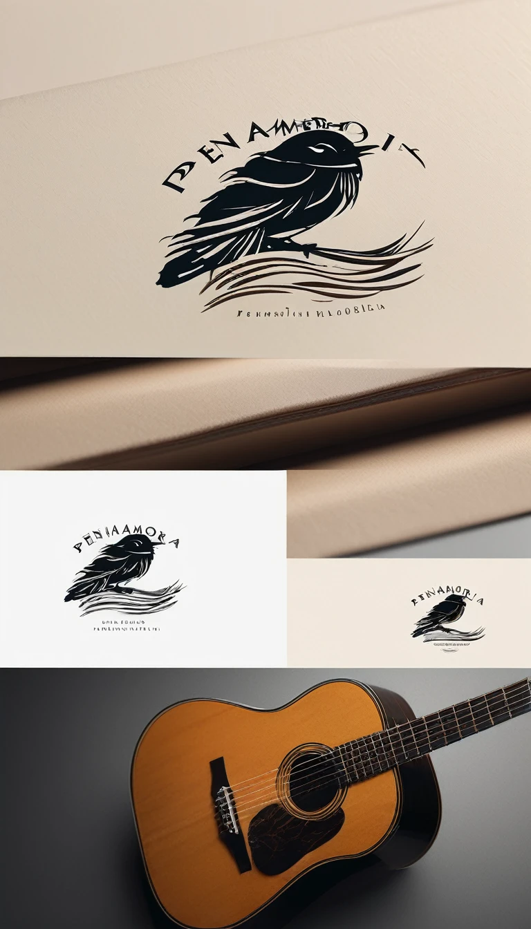 A minimal, modern, simple, cinematic logo design for the brand “Penamemoria". Create a modern, minimalistic, high-quality, logo of a boy-feather playing acoustic guitar