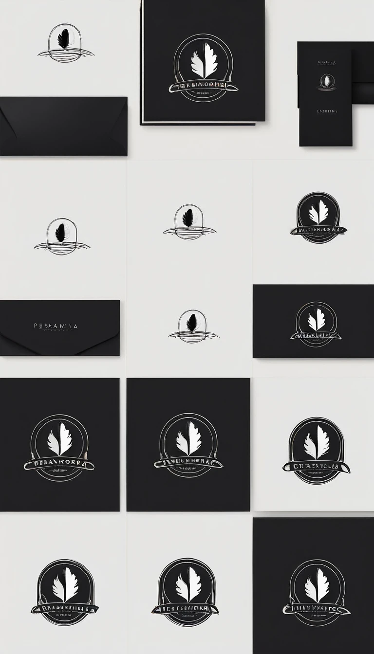 A minimal, modern, simple, cinematic logo design for the brand “Penamemoria". Create a modern, minimalistic, high-quality, logo of a boy-feather playing acoustic guitar
