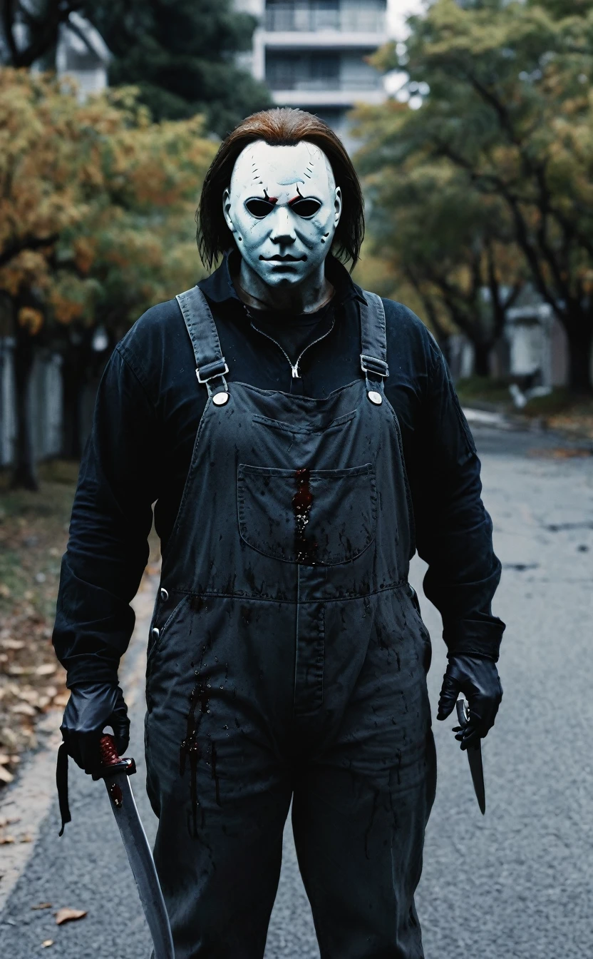 8k、Dark fantasy、Pure evil、Strong body、City of Halloween、Ultra HD、Amazing image quality,4k、boogeyman、Michael Myers、Black work overalls、White Mask、Holding a knife、blood droplets、Full Body Shot,Give the viewer a malicious look, Grabbing Viewer, For the viewer,City of Halloweenの背景、Vignette, Very detailed, High budget, Bokeh, CinemaScope, Sulky, amazing, nice, Film Grain, granular . Creepy, Anxious, dark, Creepyな, Suspenseful, strict, Very detailed