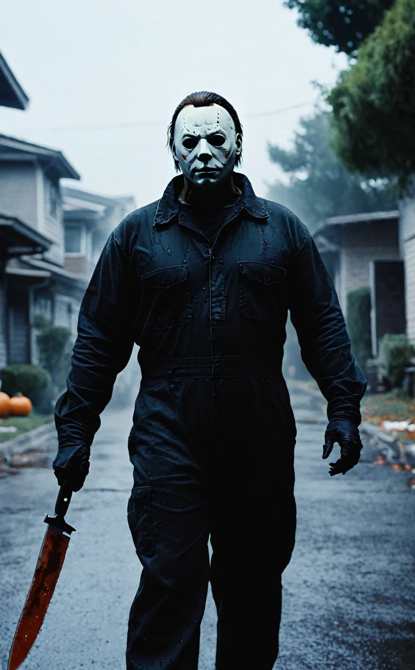 ８ｋ、Dark fantasy、Pure evil、Strong body、City of Halloween、Ultra HD、Amazing image quality,４ｋ、boogeyman、Michael Myers、Black work overalls、White Mask、Holding a knife、blood droplets、Full Body Shot,Give the viewer a malicious look, Grabbing Viewer, For the viewer,City of Halloweenの背景、Vignette, Very detailed, High budget, Bokeh, CinemaScope, Sulky, amazing, nice, Film Grain, granular . Creepy, Anxious, dark, Creepyな, Suspenseful, strict, Very detailed