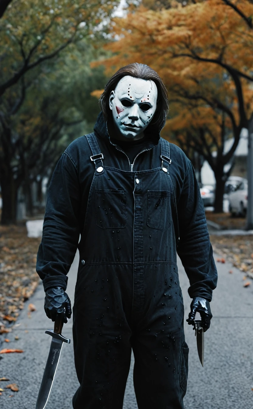 ８ｋ、Dark fantasy、Pure evil、Strong body、City of Halloween、Ultra HD、Amazing image quality,４ｋ、boogeyman、Michael Myers、Black work overalls、White Mask、Holding a knife、blood droplets、Full Body Shot,Give the viewer a malicious look, Grabbing Viewer, For the viewer,City of Halloweenの背景、Vignette, Very detailed, High budget, Bokeh, CinemaScope, Sulky, amazing, nice, Film Grain, granular . Creepy, Anxious, dark, Creepyな, Suspenseful, strict, Very detailed