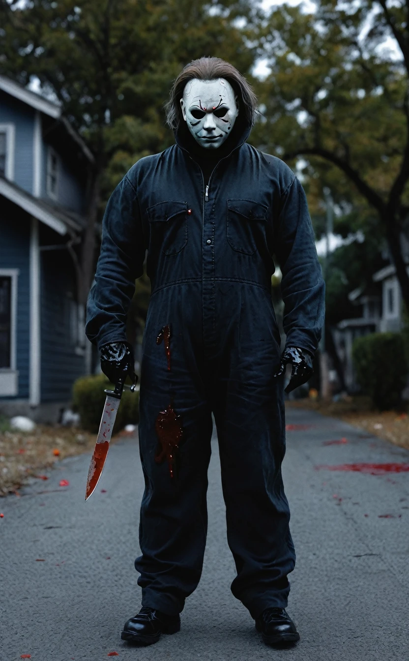 8k、Dark fantasy、Pure evil、Strong body、City of Halloween、Ultra HD、Amazing image quality,4k、boogeyman、Michael Myers、Black work overalls、White Mask、Holding a knife、blood droplets、Full Body Shot,Give the viewer a malicious look, Grabbing Viewer, For the viewer,City of Halloweenの背景、Vignette, Very detailed, High budget, Bokeh, CinemaScope, Sulky, amazing, nice, Film Grain, granular . Creepy, Anxious, dark, Creepyな, Suspenseful, strict, Very detailed
