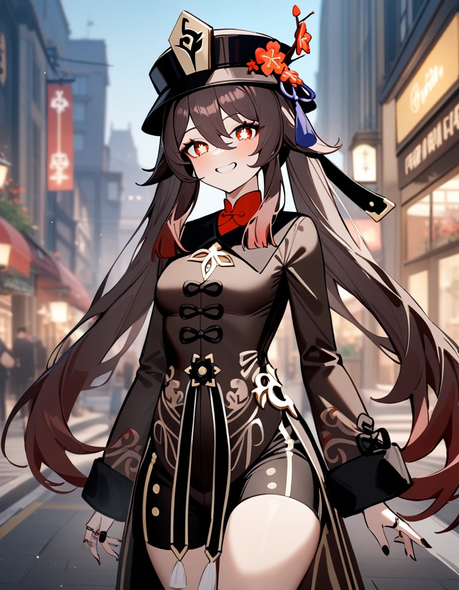 1girl, hu tao \(genshin impact\), genshin impact,fontain dress,city street,masterpiece,very aesthetic,newest,sensitive