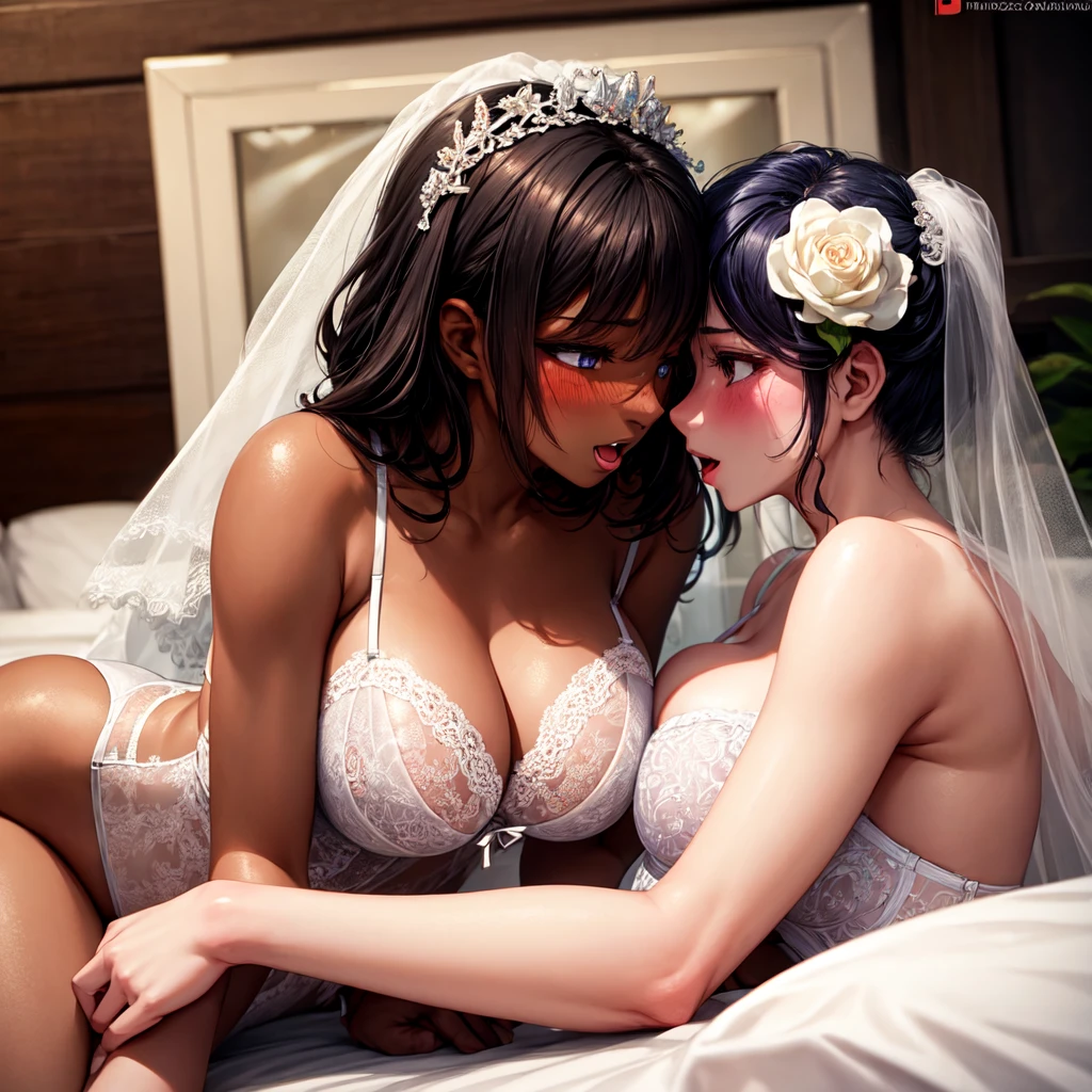two woman, dark skin, beautiful faces, eye contact, slut, sex, blushing, on the bed, wedding-stocking, lingerie-wedding, orgasm.