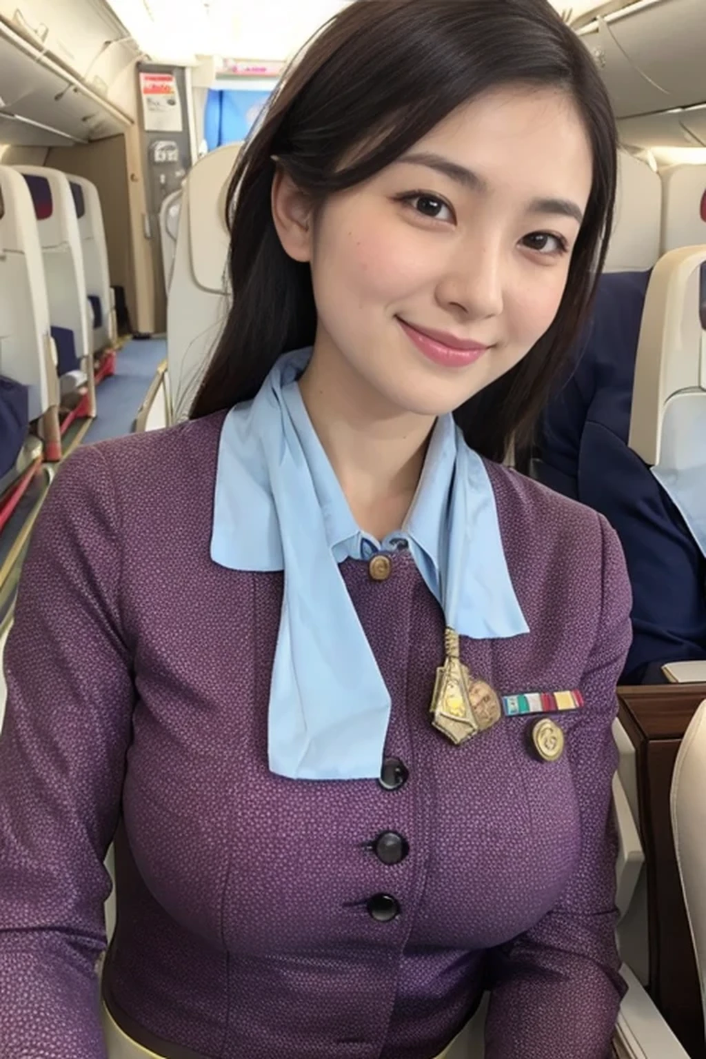 best quality, masterpiece, beautiful Japanese woman,( ((stewardess))), ((inside an airplane)), smiling, huge breasts