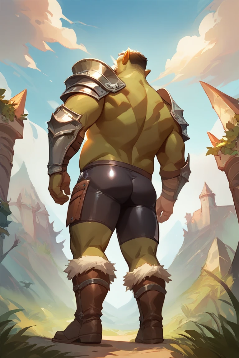 score_9, score_8_up, score_7_up, solo, male focus, chubby male, orc, green skin, tusks, beard, outdoors, armor , shoulder armor, breastplate, day, boots armor , (( black micro tight shorts )) , full body , backside , back side , low-angle